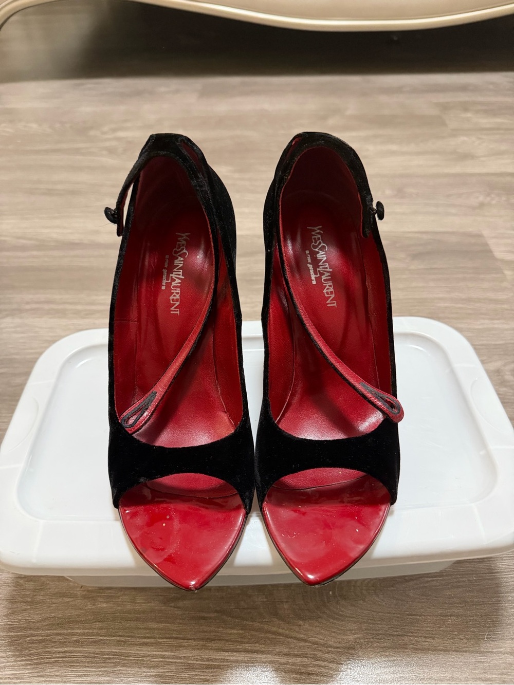 Yves Saint Laurent Black Velvet Peep-Toe Heels with Red Interior